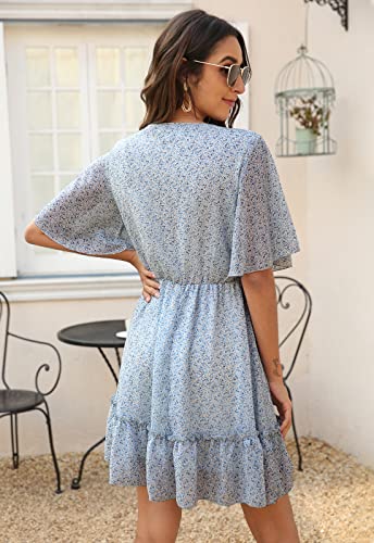 Manydress Women's Summer Floral Print V Neck Casual Mini Boho Ruffle Swing Dress MY068 (Blue Print, S) - Image 2