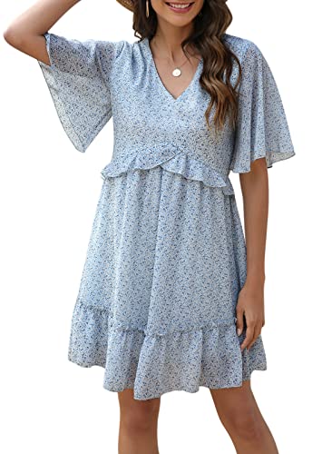 Manydress Women's Summer Floral Print V Neck Casual Mini Boho Ruffle Swing Dress MY068 (Blue Print, S) - Image 1