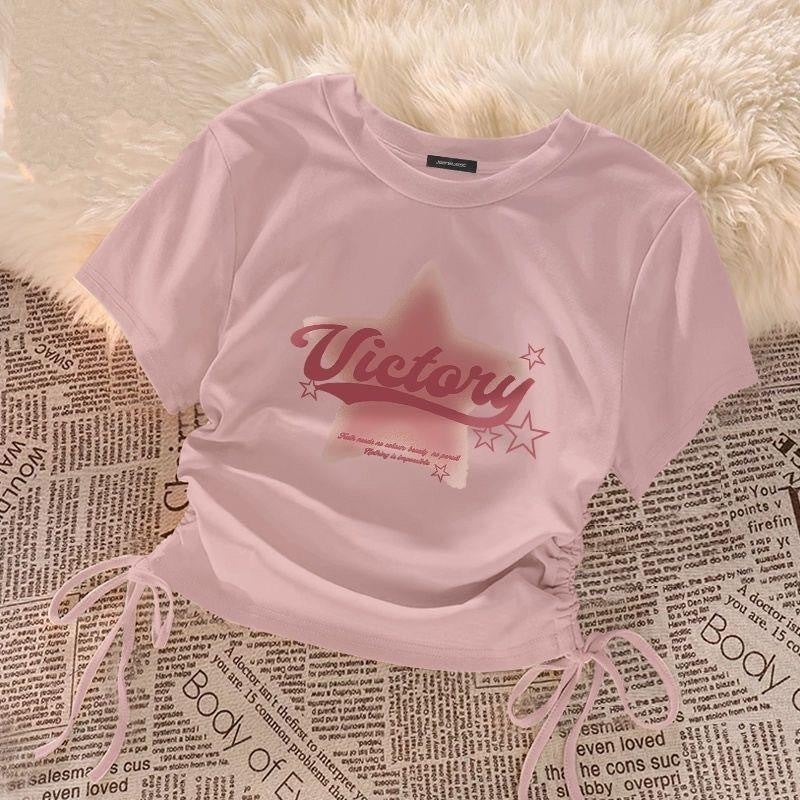 Dopamine Short Drawstring Short-Sleeved T-Shirt For Women Round Neck Print Design Niche Versatile Top - Image 1