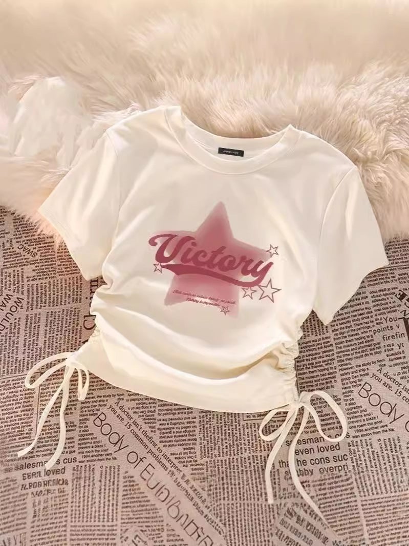Dopamine Short Drawstring Short-Sleeved T-Shirt For Women Round Neck Print Design Niche Versatile Top - Image 3