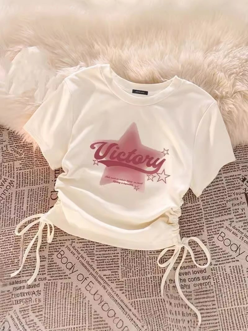 Dopamine Short Drawstring Short-Sleeved T-Shirt For Women Round Neck Print Design Niche Versatile Top - Image 5