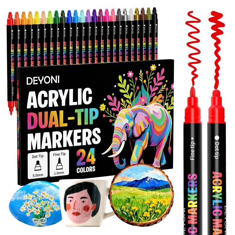 DEYONI 24 Colors Acrylic Paint Markers, Dual Tip Acrylic Paint Pens Markers for Rock, Fabric, Wood, Glass, Craft, Decoration, Adult DIY Crafts Art Supplies - Image 1