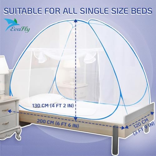 Evafly Mosquito Net for Single Bed | Foldable Machardani | Polyester Strong 30GSM mesh| PVC Coated Corrosion Resistant Steel Wire - Blue - Image 3