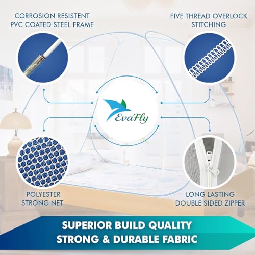 Evafly Mosquito Net for Single Bed | Foldable Machardani | Polyester Strong 30GSM mesh| PVC Coated Corrosion Resistant Steel Wire - Blue - Image 5