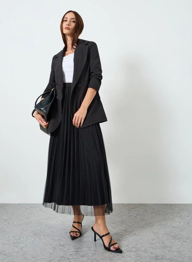 Take Two Women Lapel Button Front Blazer and Mesh Skirt Co-Ords