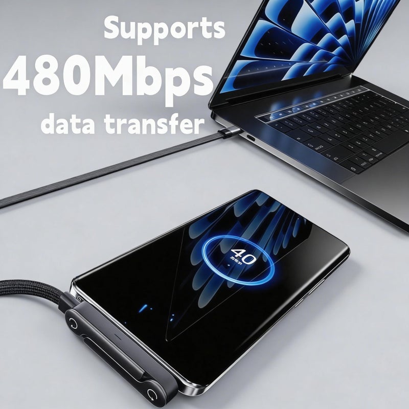 HOSYH كابل شحن سريع غير مرئي HOSYH 240W، كابل USB C إلى USB C مسطح بزاوية 90 درجة، كابل شاحن هاتف Type C جانبي (4.9 قدم) متوافق مع سلسلة iPhone 17 (أسود) - Image 2