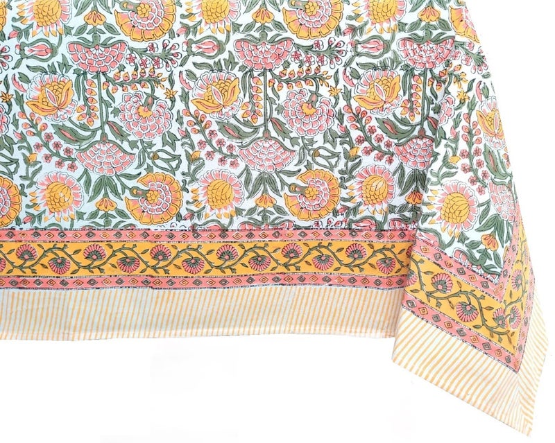 ATOSII Clover Yellow 100% Cotton Rectangle Fall Tablecloth  Handblock Floral Print Linen Table Cloth for Kitchen Dining I Parties  Weddings  Outdoors  Christmas  Thanksgiving Decor 60 X 108 Inches - Image 1