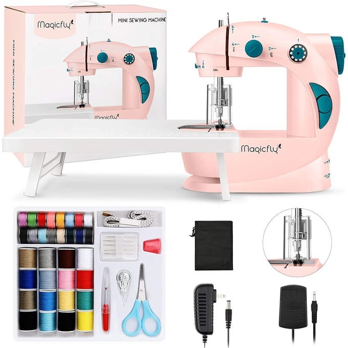 MINI SEWING MACHINE WITH EXTENSION TABLE DUAL SPEED PORTABLE SEWING MACHINE FOR BEGINNERS WITH LIGHT SEWING KIT FOR HOUSEHOLD USE PINK