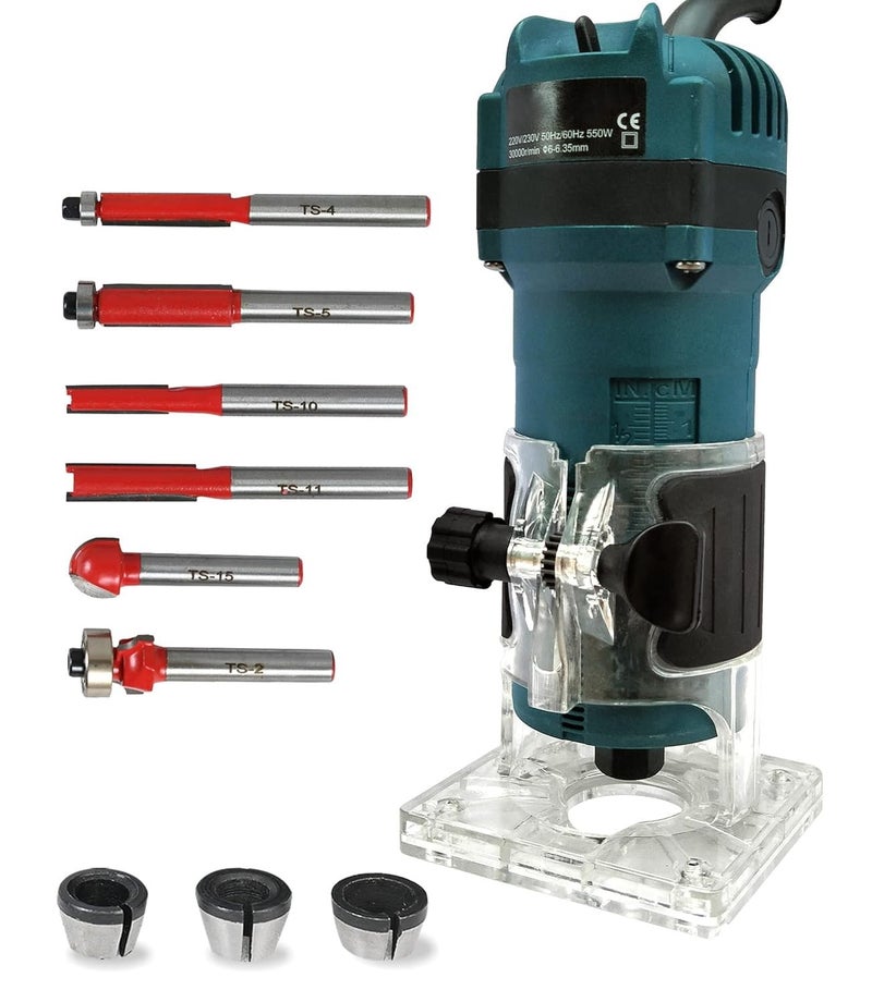 AMMK POWER TOOLS AMMK POWER TOOLS AMMKT036 550W 30000 RPM Heavy Duty Professional Wood TrimmerRouter 6635 mm machine with 6Pieces Different Shaped 635 mm Router Bit Set 6mm 8mm and 635mm Collets  - Image 1