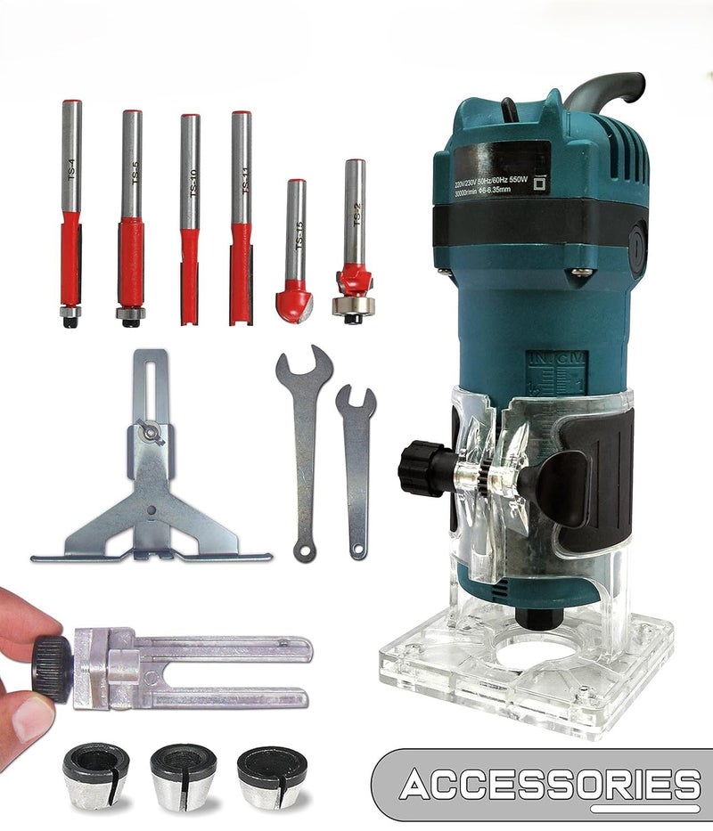 AMMK POWER TOOLS AMMK POWER TOOLS AMMKT036 550W 30000 RPM Heavy Duty Professional Wood TrimmerRouter 6635 mm machine with 6Pieces Different Shaped 635 mm Router Bit Set 6mm 8mm and 635mm Collets  - Image 2