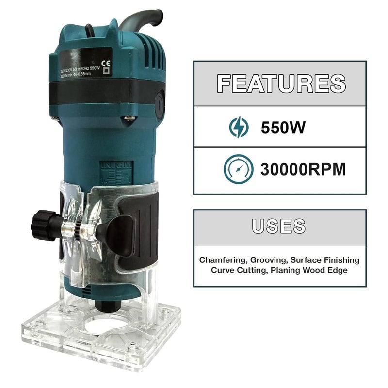 AMMK POWER TOOLS AMMK POWER TOOLS AMMKT036 550W 30000 RPM Heavy Duty Professional Wood TrimmerRouter 6635 mm machine with 6Pieces Different Shaped 635 mm Router Bit Set 6mm 8mm and 635mm Collets  - Image 3