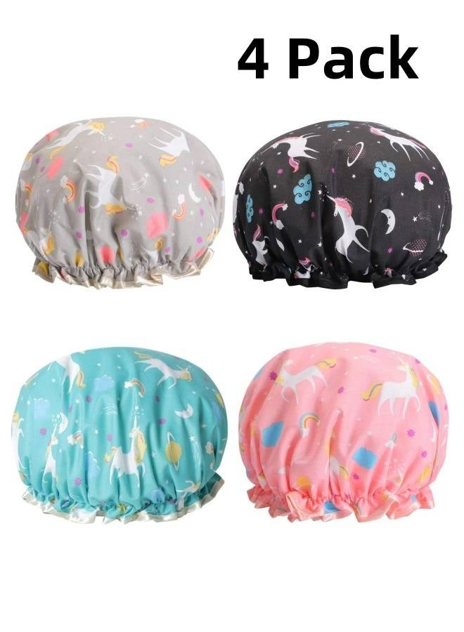 قبعات استحمام يونيكورن، قبعة استحمام مزدوجة الطبقات للنساء والفتيات لتغطية الشعر الطويل والكثيف، قابلة لإعادة الاستخدام ومقاومة للماء، عبوة من 4 قطع - Image 1