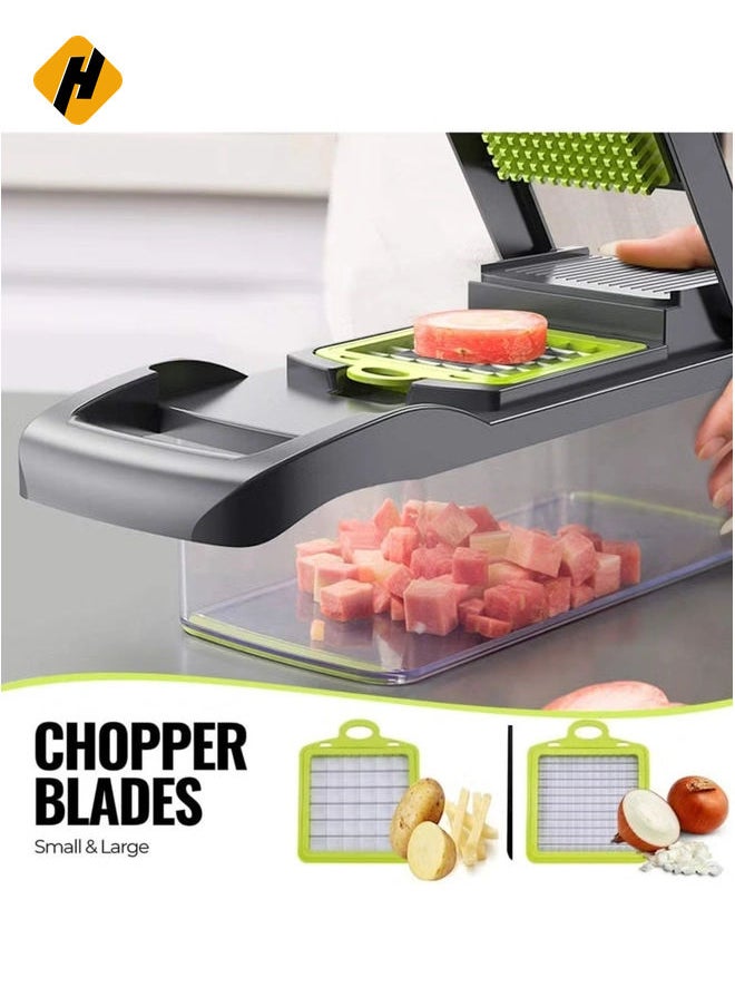 HuHa - Vegetable Chopper Mandoline Slicer Cutter Chopper and Grater 11 in 1 Interchangeable Blades with Colander Basket and Container - Image 1