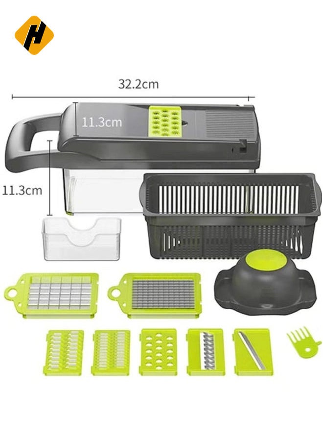 HuHa - Vegetable Chopper Mandoline Slicer Cutter Chopper and Grater 11 in 1 Interchangeable Blades with Colander Basket and Container - Image 1