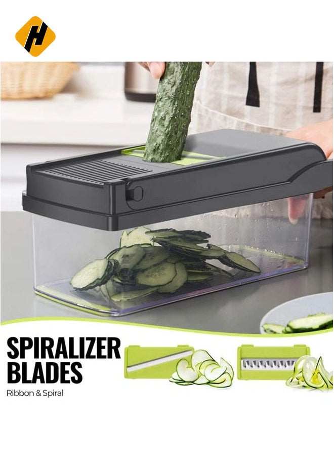 HuHa - Vegetable Chopper Mandoline Slicer Cutter Chopper and Grater 11 in 1 Interchangeable Blades with Colander Basket and Container - Image 1
