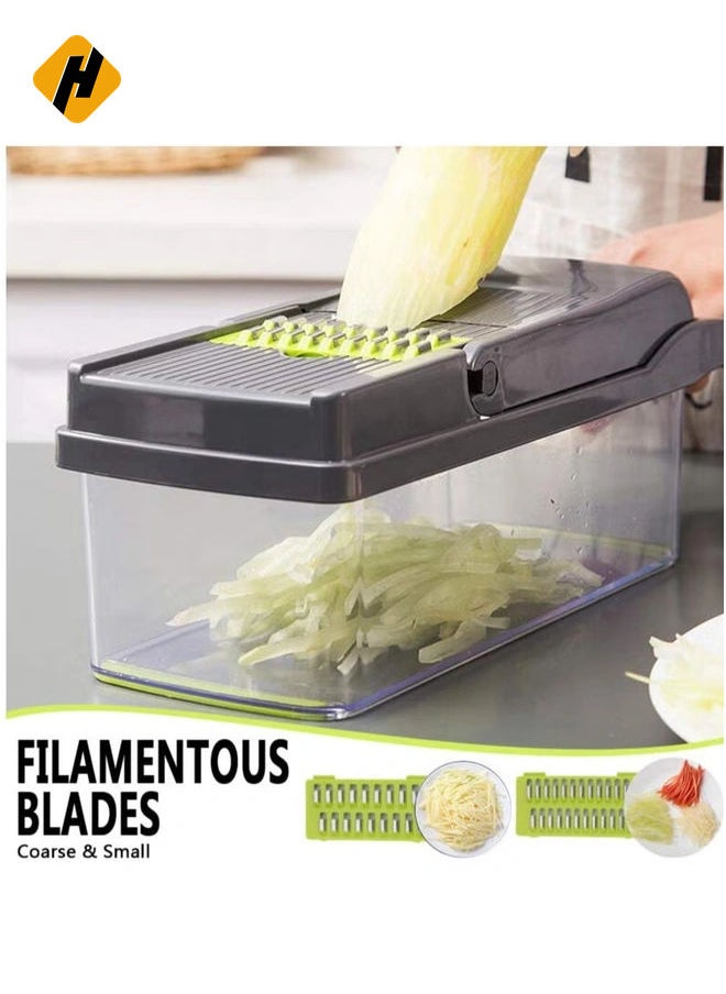 HuHa - Vegetable Chopper Mandoline Slicer Cutter Chopper and Grater 11 in 1 Interchangeable Blades with Colander Basket and Container - Image 1