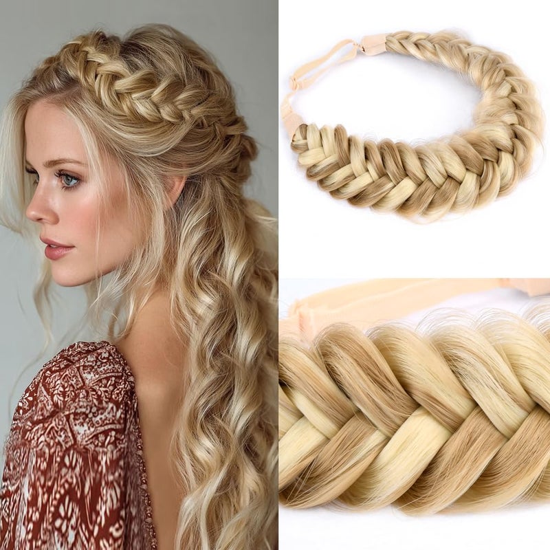 DIGUAN Messy Wide 2 Strands Synthetic Hair Braided Headband Classic Chunky Plaited Braids Elastic Stretch Hairpiece Women Girl Beauty accessory, 62g/2.1 oz (Highlighted Golden Blonde) - Image 1
