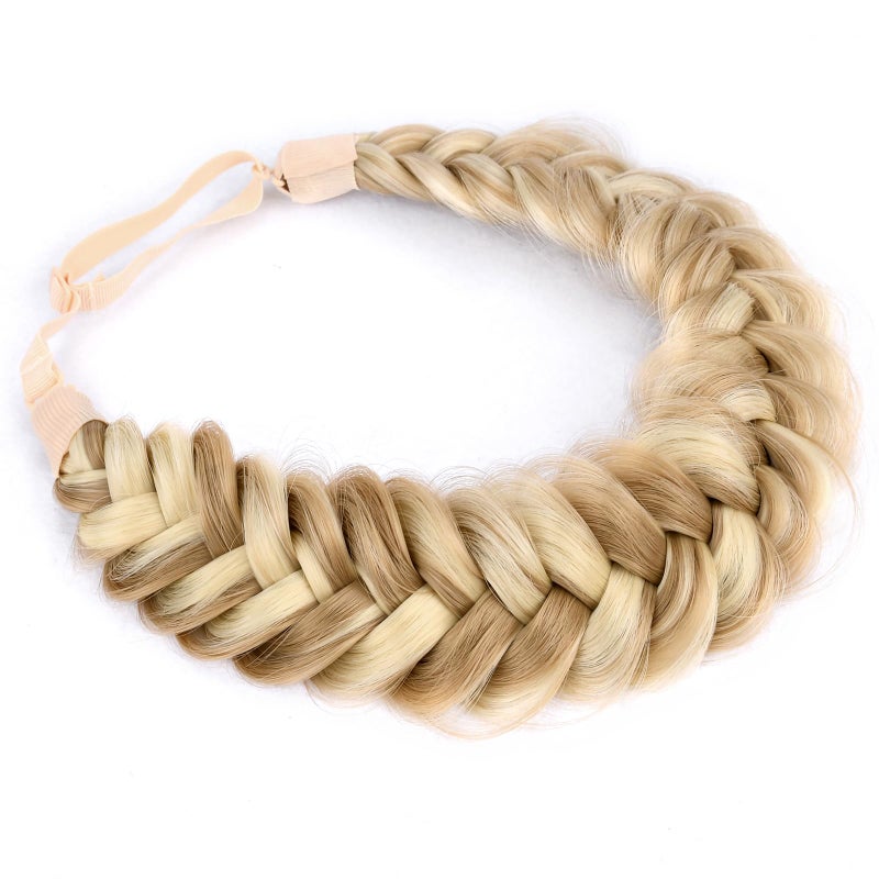 DIGUAN Messy Wide 2 Strands Synthetic Hair Braided Headband Classic Chunky Plaited Braids Elastic Stretch Hairpiece Women Girl Beauty accessory, 62g/2.1 oz (Highlighted Golden Blonde) - Image 2