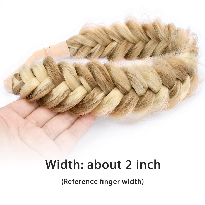 DIGUAN Messy Wide 2 Strands Synthetic Hair Braided Headband Classic Chunky Plaited Braids Elastic Stretch Hairpiece Women Girl Beauty accessory, 62g/2.1 oz (Highlighted Golden Blonde) - Image 4