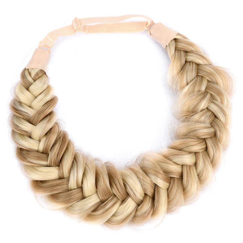 DIGUAN Messy Wide 2 Strands Synthetic Hair Braided Headband Classic Chunky Plaited Braids Elastic Stretch Hairpiece Women Girl Beauty accessory, 62g/2.1 oz (Highlighted Golden Blonde) - Image 5
