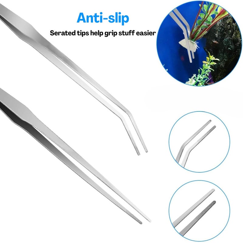 Flavizo 6 Pcs Aquarium Aquascaping Tools Kit with Tweezers, Curved Scissors, Flat Sand Spatula, Algae Scraper, Fish Net and Silver Storage Pouch, Stainless Steel Set for Fish Tank Cleaning - Image 4
