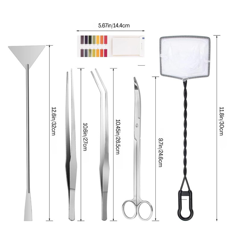 Flavizo 6 Pcs Aquarium Aquascaping Tools Kit with Tweezers, Curved Scissors, Flat Sand Spatula, Algae Scraper, Fish Net and Silver Storage Pouch, Stainless Steel Set for Fish Tank Cleaning - Image 2