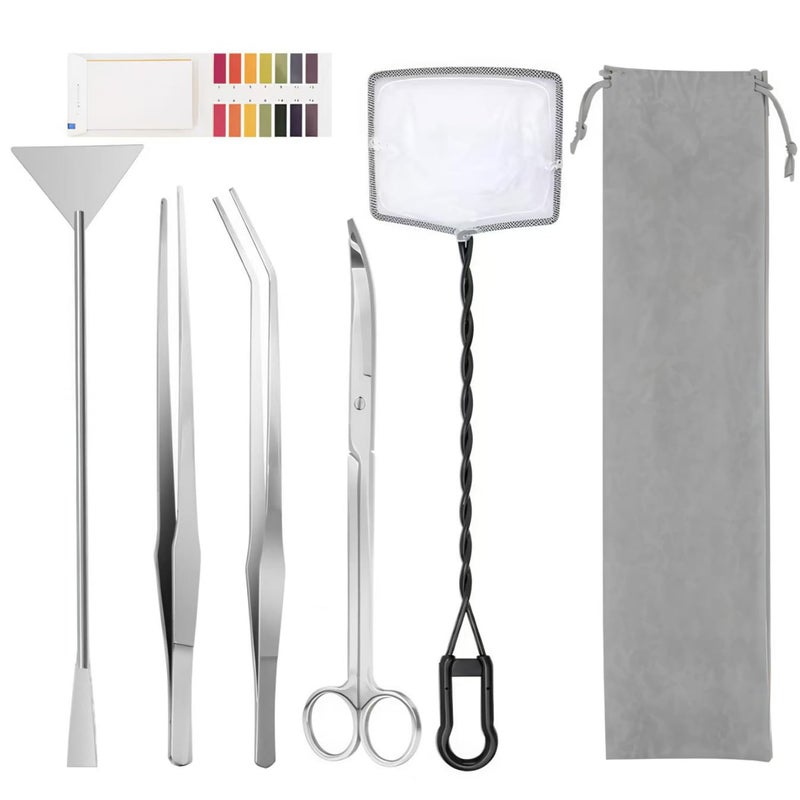 Flavizo 6 Pcs Aquarium Aquascaping Tools Kit with Tweezers, Curved Scissors, Flat Sand Spatula, Algae Scraper, Fish Net and Silver Storage Pouch, Stainless Steel Set for Fish Tank Cleaning - Image 1