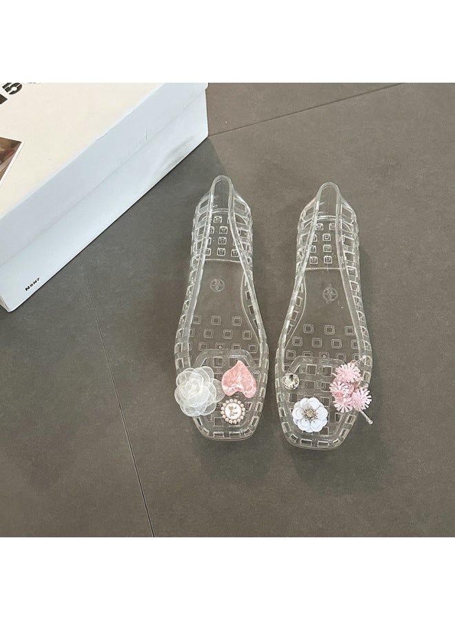 Versatile Casual Hollow Sequin Flower Square-toe Sandals Summer Fashion Jelly Shoes Clogs Flat Shallow Mouth Single Shoes