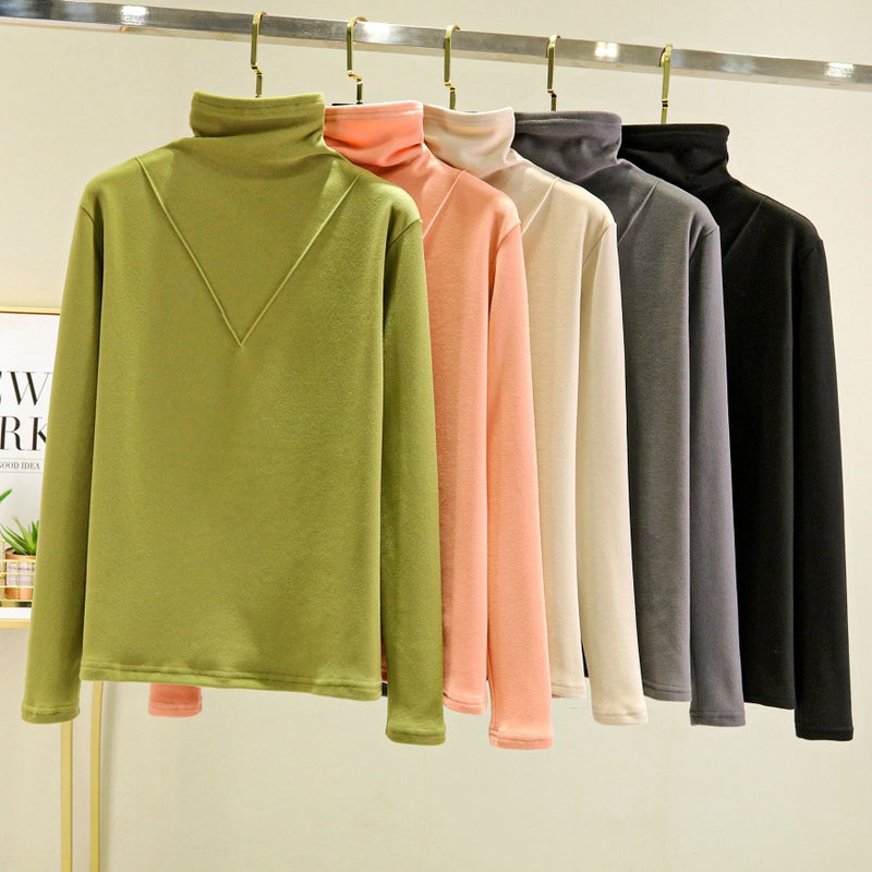 Womens turtleneck velvet thermal underwear autumn and winter fleece-lined thickened inner thermal top pile collar all-match bottoming shirt Black Black - Image 3