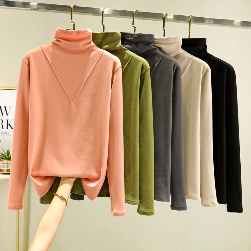 Womens turtleneck velvet thermal underwear autumn and winter fleece-lined thickened inner thermal top pile collar all-match bottoming shirt Black Black - Image 5