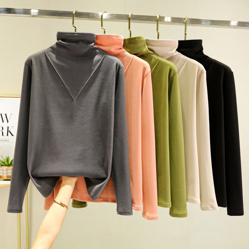 Womens turtleneck velvet thermal underwear autumn and winter fleece-lined thickened inner thermal top pile collar all-match bottoming shirt Black Black - Image 4