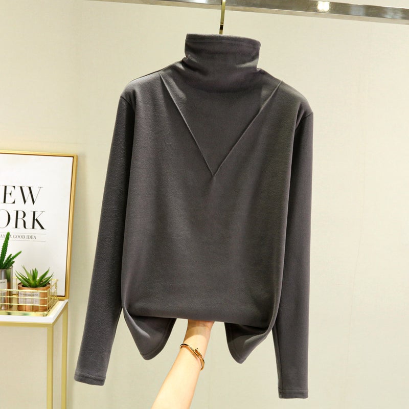 Womens turtleneck velvet thermal underwear autumn and winter fleece-lined thickened inner thermal top pile collar all-match bottoming shirt Black Black - Image 2