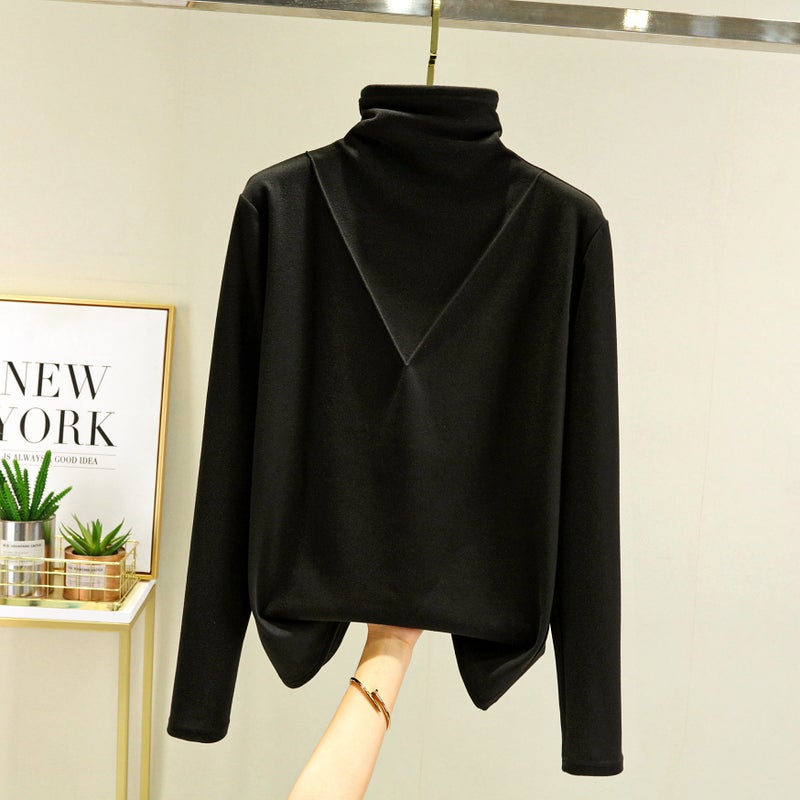 Womens turtleneck velvet thermal underwear autumn and winter fleece-lined thickened inner thermal top pile collar all-match bottoming shirt Black Black - Image 1