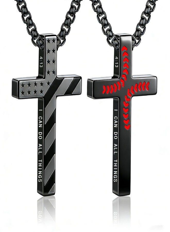 VERKUUY Easter Basket Stuffers-Baseball Bible Verse Cross Necklace for Boys Youth Men, Stainless Steel Chain American Flag Pendant, Double-sided Engraved Baseball Necklace Cross Jewelry Gifts for Player Athlete Brother Boyfriend Son Grandson Christian - Image 1