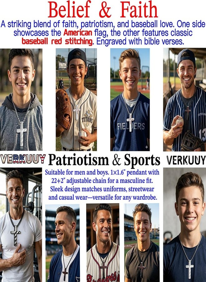 VERKUUY Easter Basket Stuffers-Baseball Bible Verse Cross Necklace for Boys Youth Men, Stainless Steel Chain American Flag Pendant, Double-sided Engraved Baseball Necklace Cross Jewelry Gifts for Player Athlete Brother Boyfriend Son Grandson Christian - Image 3