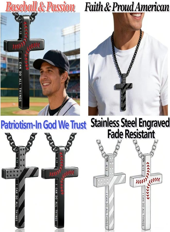 VERKUUY Easter Basket Stuffers-Baseball Bible Verse Cross Necklace for Boys Youth Men, Stainless Steel Chain American Flag Pendant, Double-sided Engraved Baseball Necklace Cross Jewelry Gifts for Player Athlete Brother Boyfriend Son Grandson Christian - Image 2