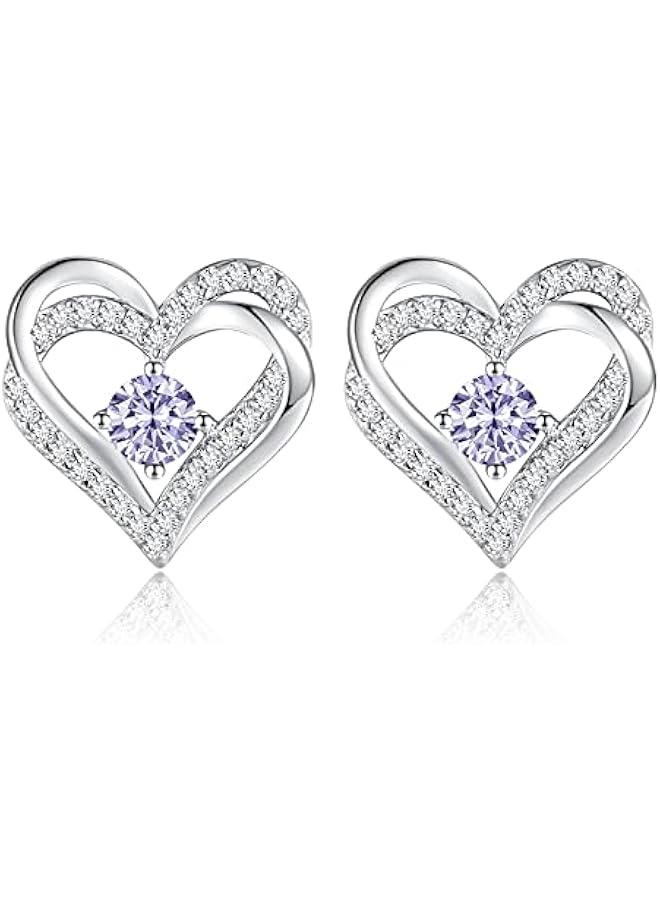 Forever Love Heart Stud Earrings for Women, 925 Sterling Silver Birthstone Heart Stud Earrings Mother's Day Gift Anniversary Birthday Jewelry Gifts for Women Wife Her - Image 1