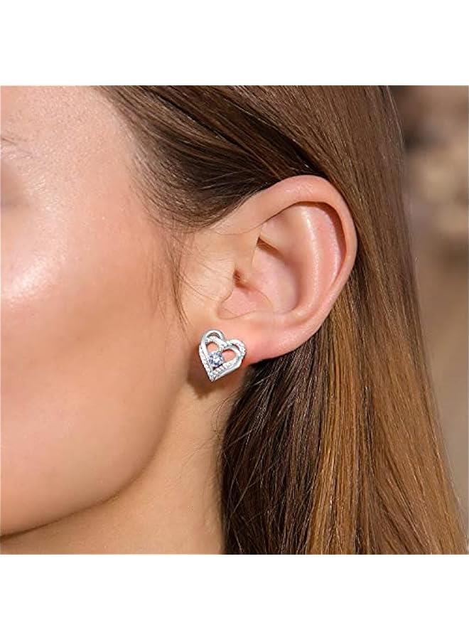 Forever Love Heart Stud Earrings for Women, 925 Sterling Silver Birthstone Heart Stud Earrings Mother's Day Gift Anniversary Birthday Jewelry Gifts for Women Wife Her - Image 2