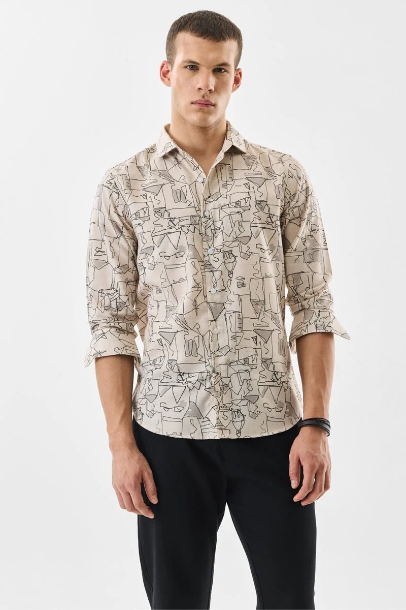 سنيتش Beige Abstract Long Sleeve Slim Fit Shirt