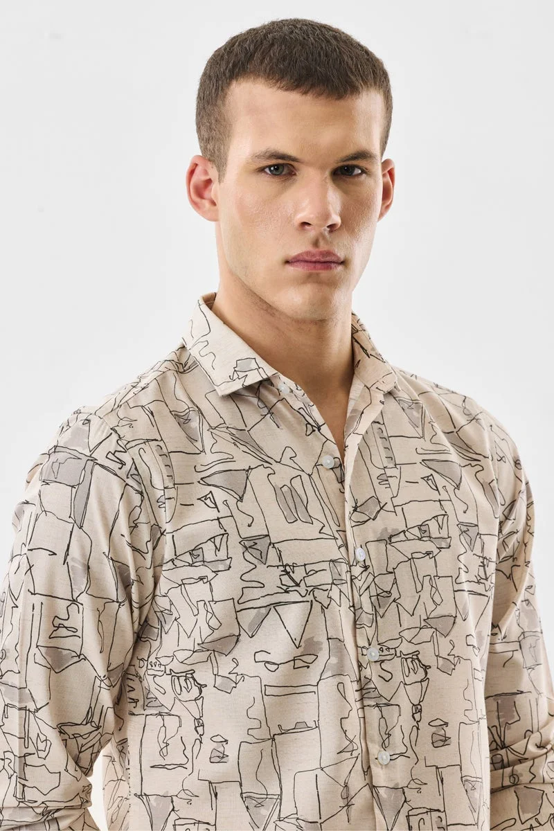 سنيتش Beige Abstract Long Sleeve Slim Fit Shirt