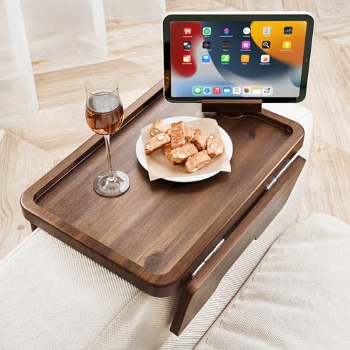 HOLANA 15.75" Acacia Couch Armrest Table - Wood Couch Arm Tray with Phone Holder – Sofa Side Table, Armchair Caddy, Sofa Arm Table for Home Sofa Living Room (Walnut) - Image 1