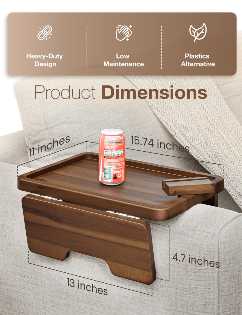 HOLANA 15.75" Acacia Couch Armrest Table - Wood Couch Arm Tray with Phone Holder – Sofa Side Table, Armchair Caddy, Sofa Arm Table for Home Sofa Living Room (Walnut) - Image 2