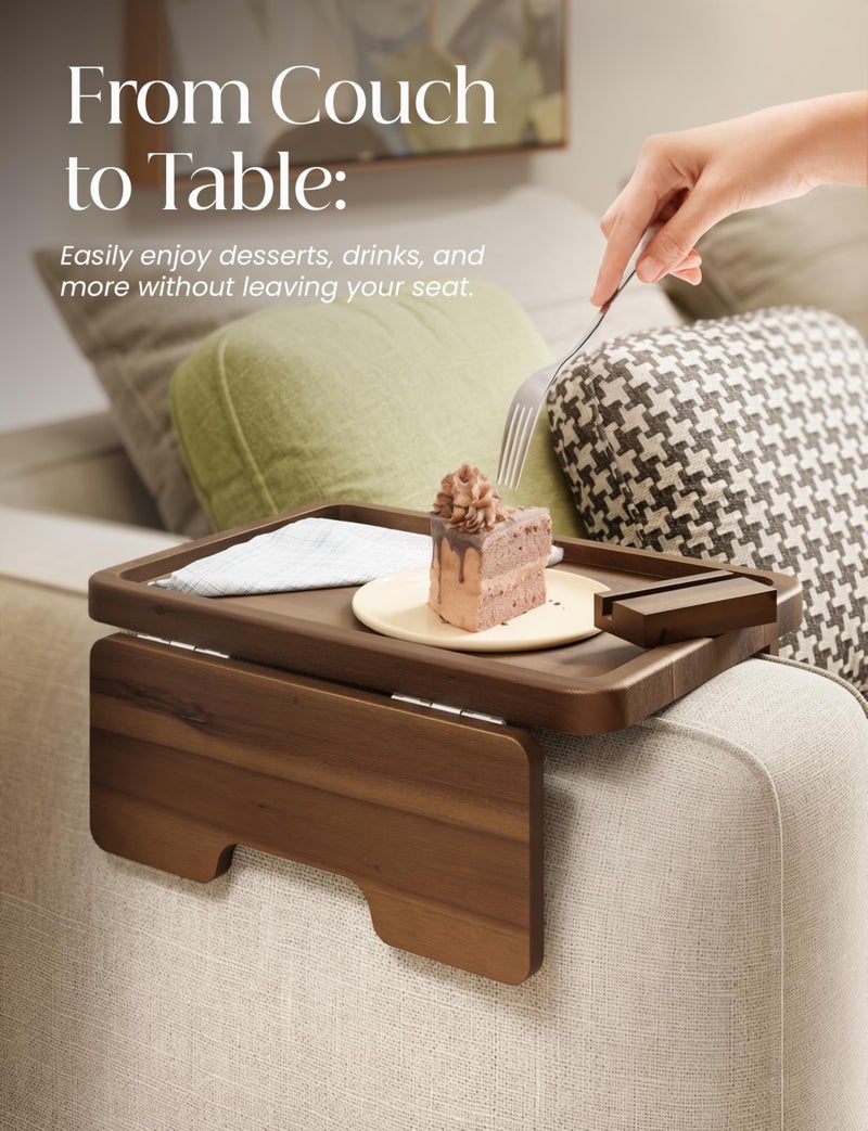 HOLANA 15.75" Acacia Couch Armrest Table - Wood Couch Arm Tray with Phone Holder – Sofa Side Table, Armchair Caddy, Sofa Arm Table for Home Sofa Living Room (Walnut) - Image 5