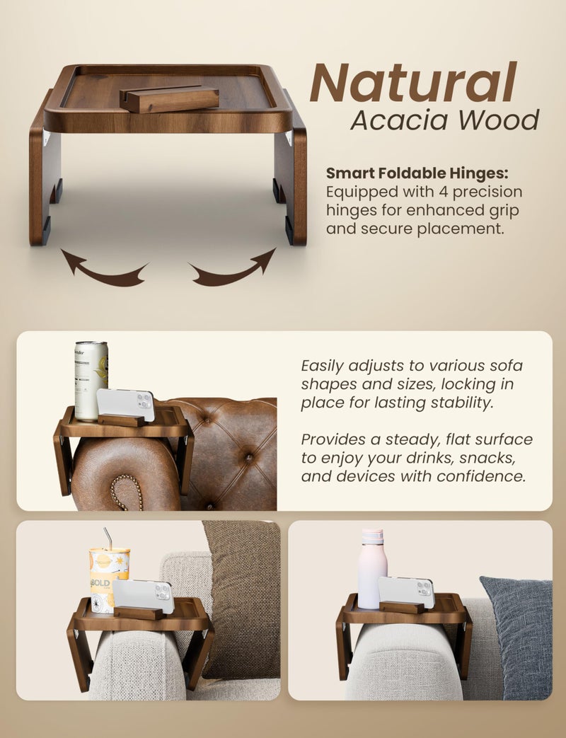 HOLANA 15.75" Acacia Couch Armrest Table - Wood Couch Arm Tray with Phone Holder – Sofa Side Table, Armchair Caddy, Sofa Arm Table for Home Sofa Living Room (Walnut) - Image 3