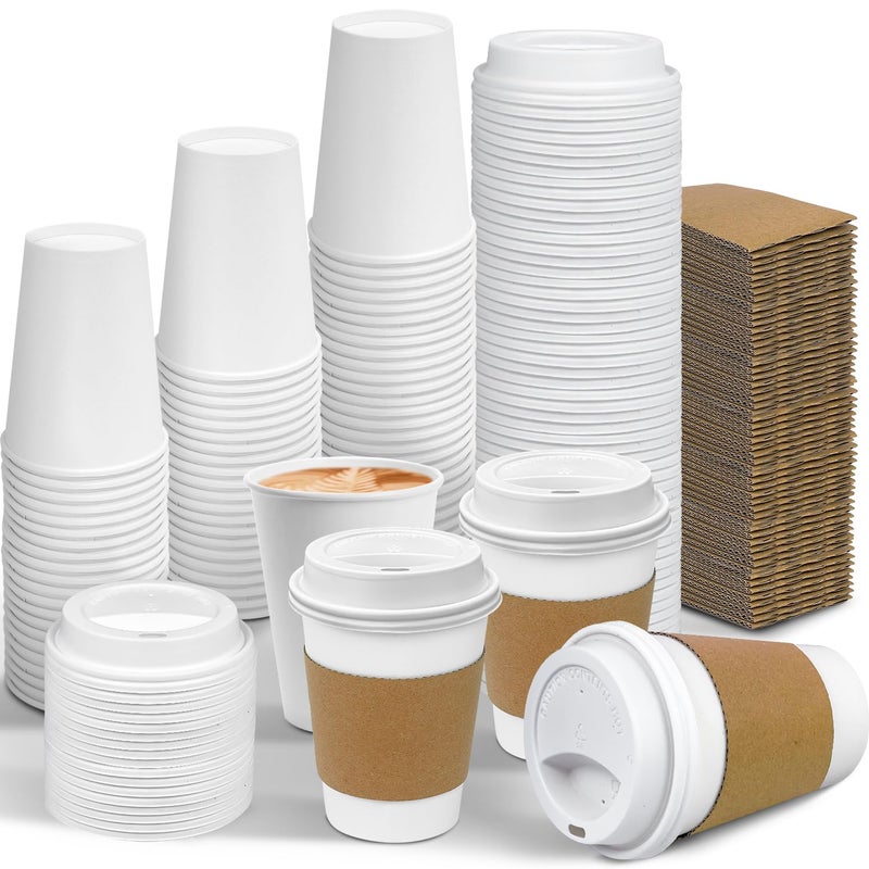 Ginkgo 100 Pack 12 oz Leak-Proof Coffee Cups with Lids and Sleeves Disposable To Go Hot Travel Paper Cups, Hot Chocolate, Cocoa, Tea, Coffee Bar Accessories - Image 1
