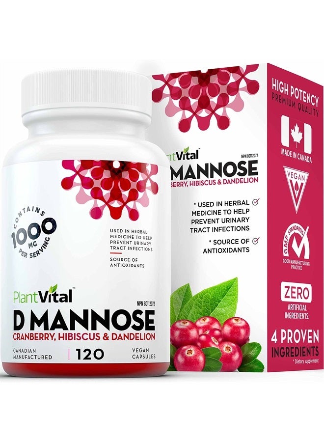 Plantvital D-Mannose 1000mg w Cranberry [HIGH Potency] Urinary Tract Treatment, Bladder Control, Kidney Cleanse & UTI Support. 100% Natural Detox. Plus Hibiscus & Dandelion. 2 Months Supply 