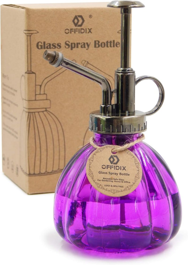 OFFIDIX Glass Watering Spray Bottle, 6.3" Tall Vintage Style Plant Mister with Bronze Plastic Top Pump One Hand Watering Can Glass Spary Bottle (Dark Purple) - Image 1