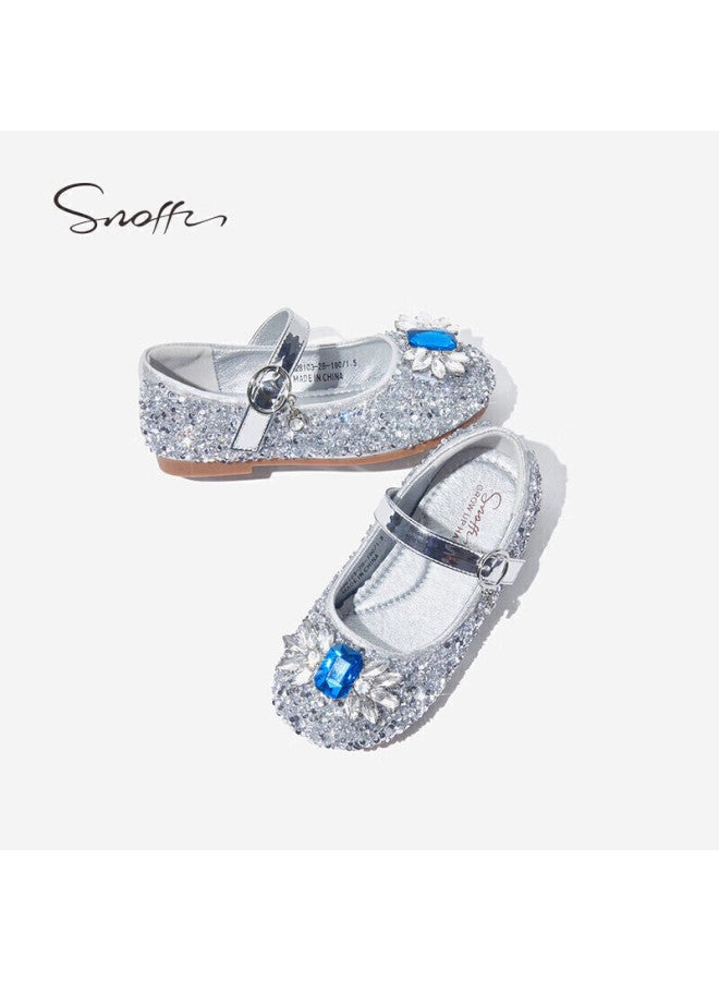 Snoffy Girls' Leather Shoes Spring And Autumn Elsa Princess Shoes Children's Crystal Shoes Big Kids Performance Shoes Soft Bottom Shoes Moonlight Silver 25 - Image 4