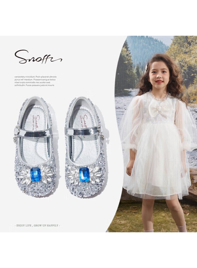 Snoffy Girls' Leather Shoes Spring And Autumn Elsa Princess Shoes Children's Crystal Shoes Big Kids Performance Shoes Soft Bottom Shoes Moonlight Silver 25 - Image 1