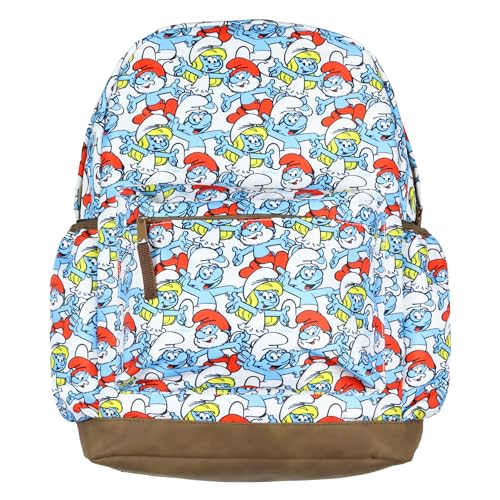 INTIMO The Smurfs Backpack Papa Smurf and Smurfette Allover Collage Design Laptop Tech Sleeve School Book Bag Daypack - Image 1